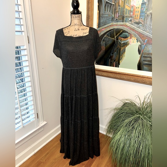 Free People! Beach Black Tee Square-Neck Ribbed Maxi Dress - Picture 3 of 5